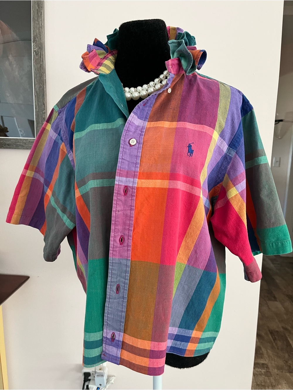 Upcycled Ralph Lauren Madras Plaid Button-Down Shirt Ruffle Collar - Picture 9 of 9